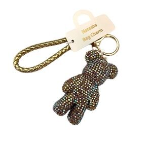 🐻🐻Natasha GOLD TONE RHINESTONE CRYSTAL TEDDY BEAR BAG CHARM /KEYCHAIN 🐻🐻NWT